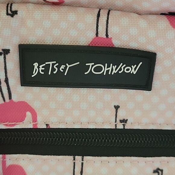 $160 LARGE NEW BETSEY JOHNSON PINK FLAMINGO CARRYON ROLLING TRAVEL BAG BLACK NWT - Picture 9 of 14
